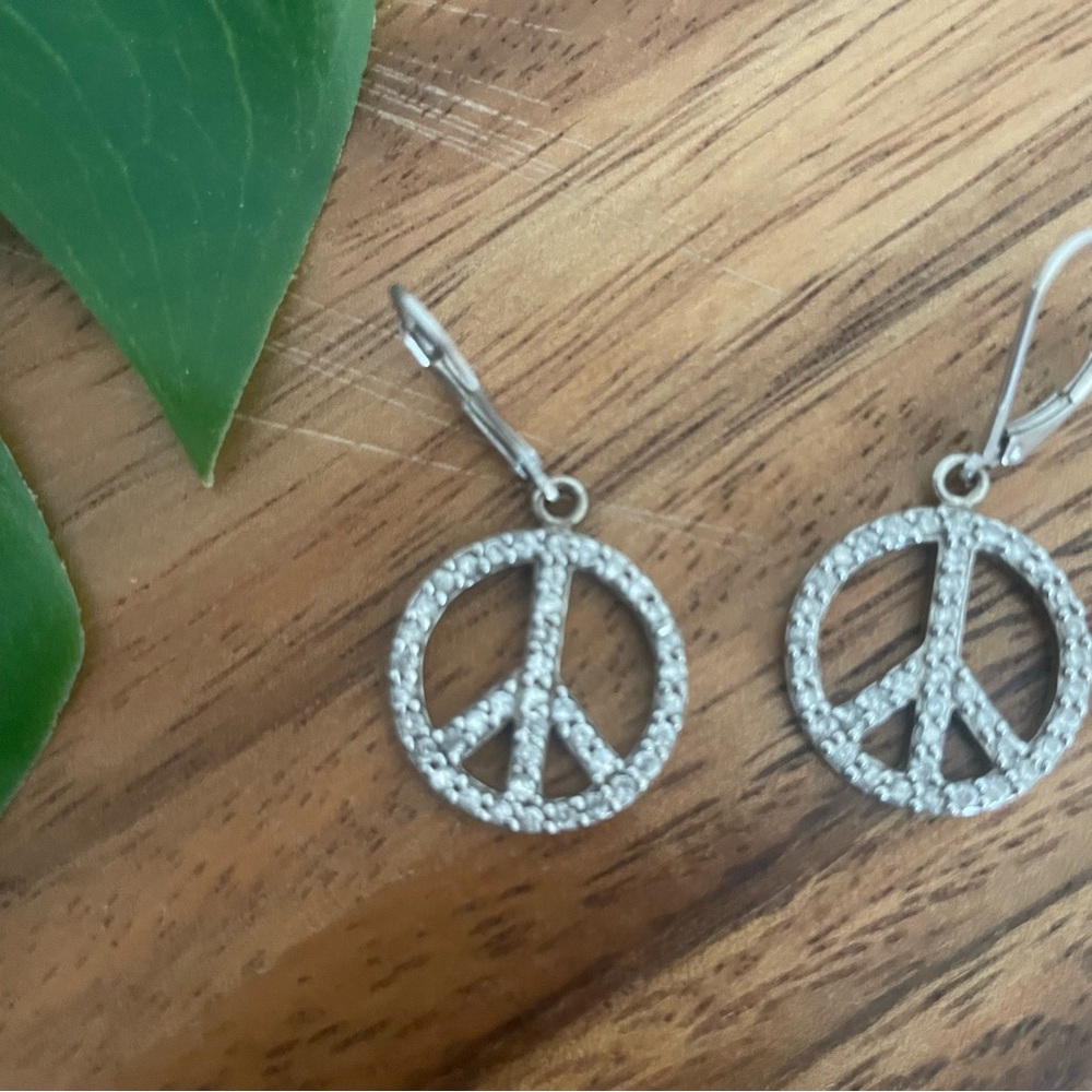 Silver Hippie Boho rhinestone bedazzled Peace Sign Dangle Earrings - Picture 7 of 9